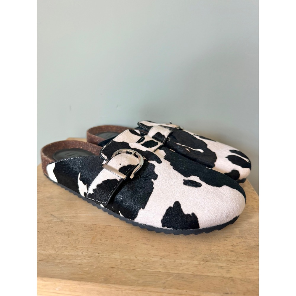 Cow Print Calf Hair Clog Mules Black White 7.5M NWOB INC International Concepts